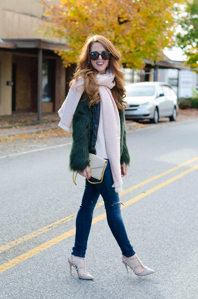 blush-scarf-and-green-faux-fur-coat