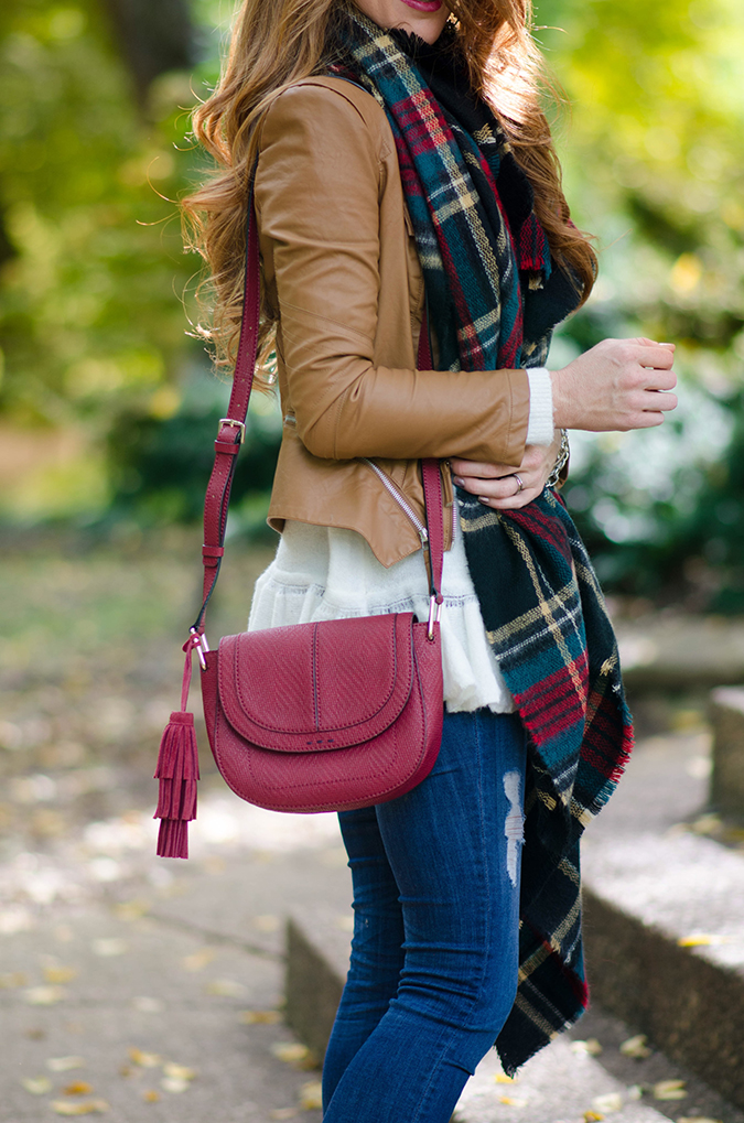plaid scarf with leather jacket
