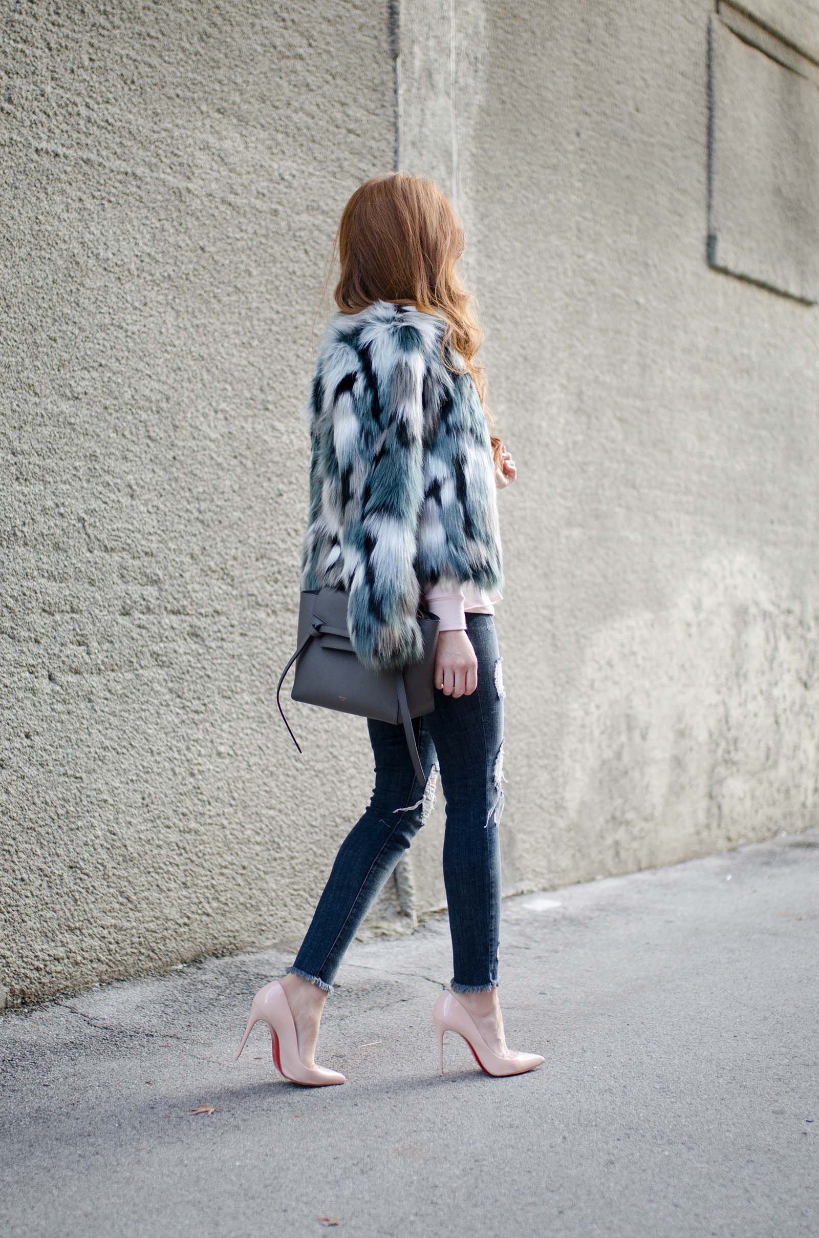 teal and grey faux fur coat with denim 